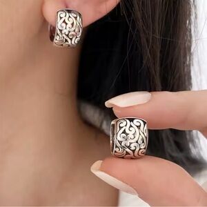 Silver Retro style Wide hoop Patterned Earrings